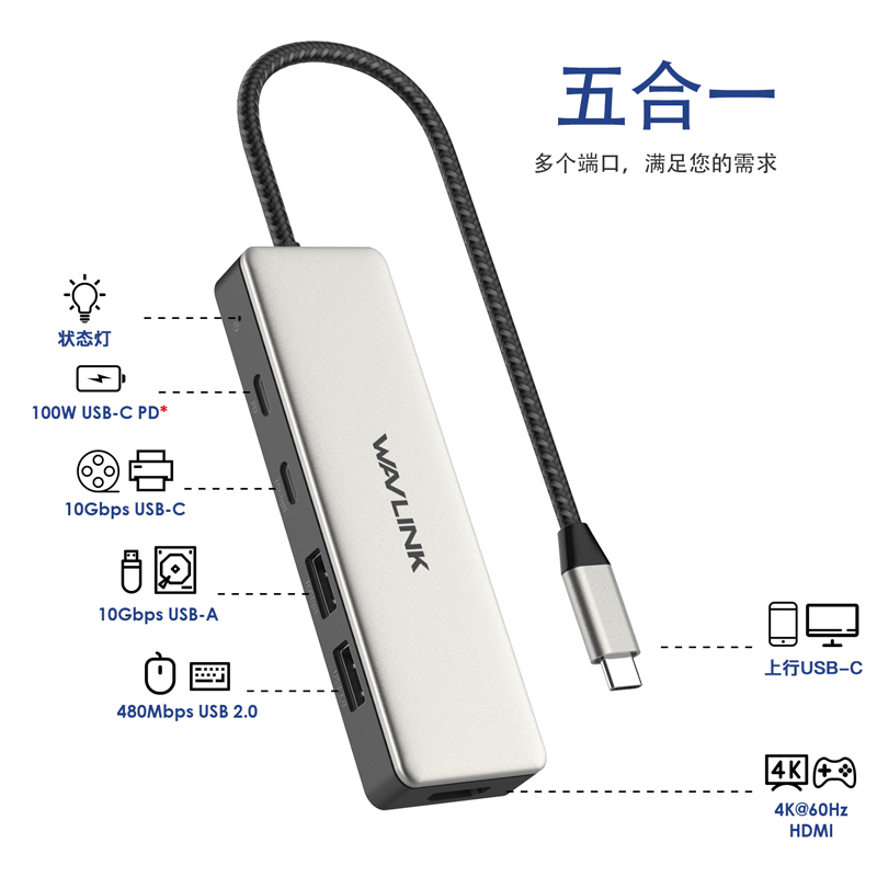 USB-C 4K@60Hz HDMI 10G集线器，85W上行充电 超高速 USB 3.1 10Gbps集线器 2