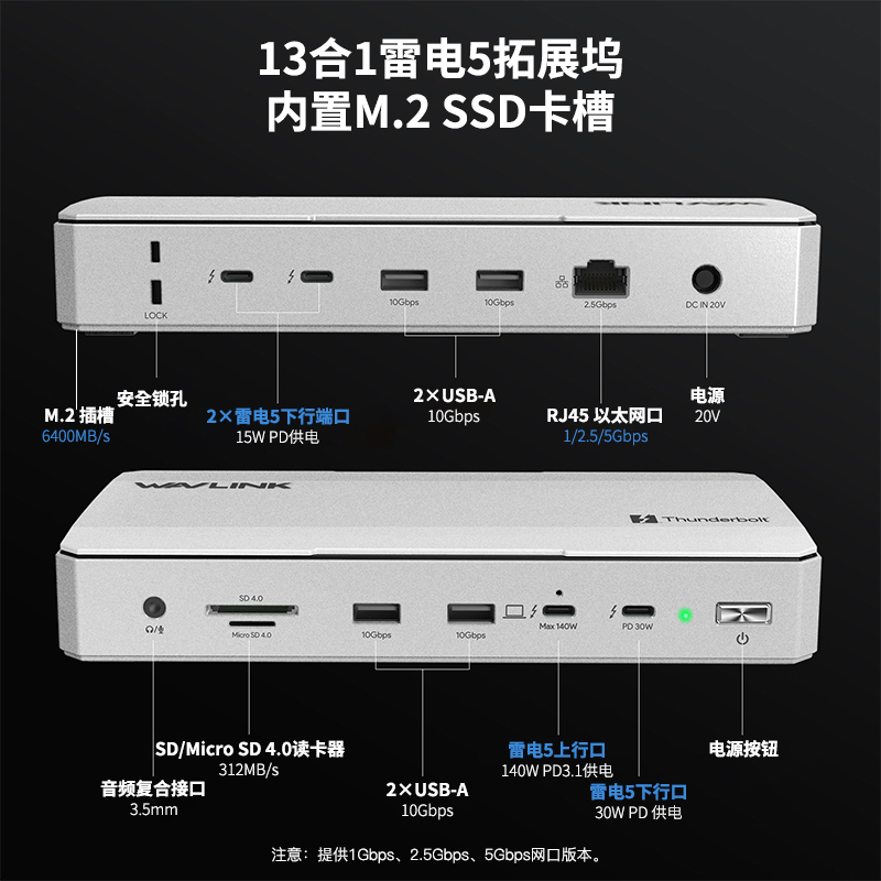 WAVLINK 13 合 1 雷电 5 扩展坞：高达120Gbps，140W PD 3.1，6400MB/s M.2 插槽 2