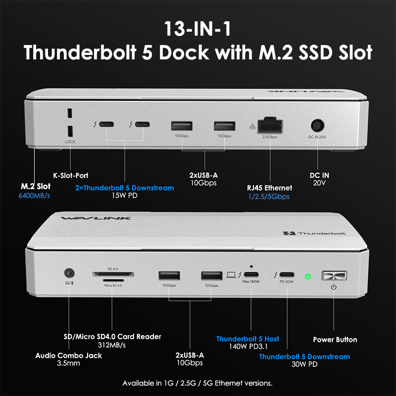 WAVLINK 13-in-1 Thunderbolt 5 Dock: up to 120Gbps, 140W PD 3.1, 6400MB/s M.2 SSD Slot 2