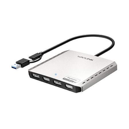 WAVLINK四显4K/双DP 8K通用显示适配器 - DisplayLink DL7400全球首发，配备2个HDMI、2个DP接口和85W PD充电，支持Intel/M1/M2/M3/M4 Mac&Windows拓展多台显示器