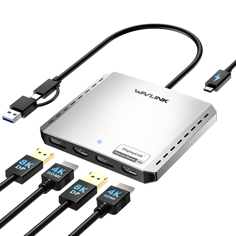 WAVLINK四显4K/双DP 8K通用显示适配器 - DisplayLink DL7400全球首发，配备2个HDMI、2个DP接口和85W PD充电，支持Intel/M1/M2/M3/M4 Mac&Windows拓展多台显示器