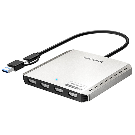 WAVLINK四显4K@60Hz通用显示适配器 - DisplayLink DL7400全球首发，配备4个HDMI接口和85W PD充电，支持Intel/M1/M2/M3/M4 Mac&Windows拓展多台显示器