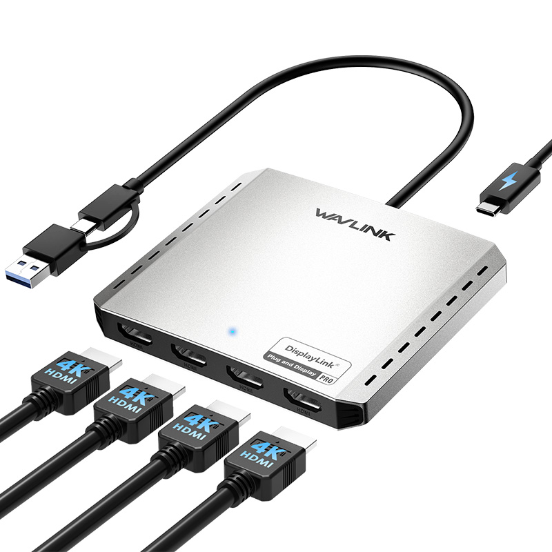 WAVLINK四显4K@60Hz通用显示适配器 - DisplayLink DL7400全球首发，配备4个HDMI接口和85W PD充电，支持Intel/M1/M2/M3/M4 Mac&Windows拓展多台显示器