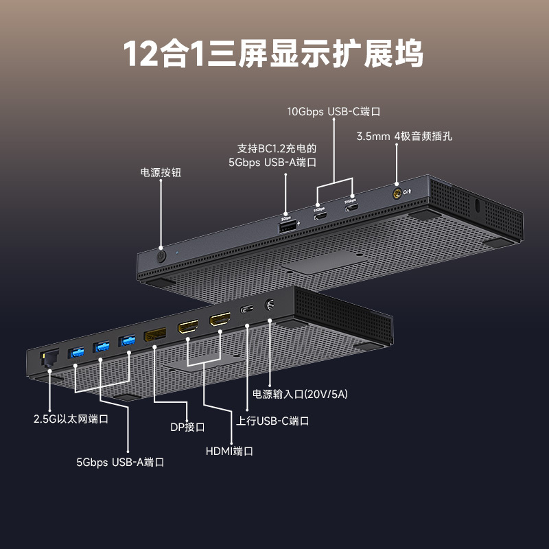 WL-UMD05MR：睿因USB-C MST扩展坞，12合1三屏笔记本扩展坞，适用于M1/2/3/4/5 MacBook Pro/Air，支持65W PD快充，配备DP+2个HDMI接口、4个USB-A接口、10G USB-C接口及千兆以太网接口 2