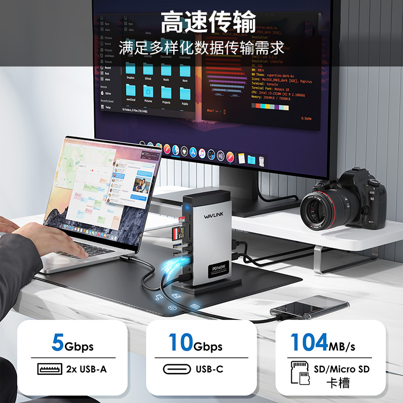 【睿因推荐】PD3.1三显USB-C拓展坞，支持140W充电输入和高达8K@30Hz/4K@144Hz的单显输出，配备2个HDMI接口、1个DP接口、千兆网口、10G USB-C和2个USB-A 3.0接口、SD/TF卡槽、耳机孔 4