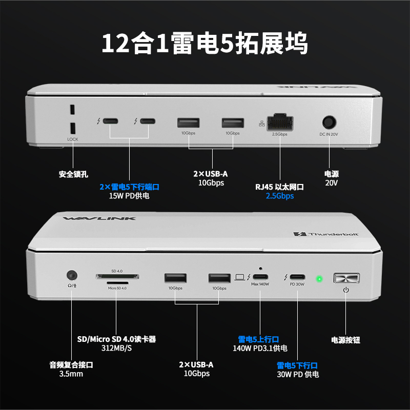 WAVLINK 雷电5拓展坞，12合1集线器，最高可达120Gbps传输速度，最大140W PD充电功率，支持三屏4K/双屏8K显示，适用于Mac和Windows的雷电5/4笔记本电脑 2