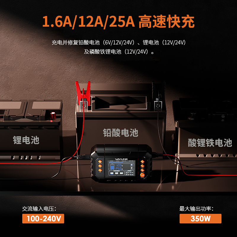 WAVLINK 350W智能充电器，最高25A涓流充电，带LCD显示屏，适用于6V/12V/24V铅酸电池/锂电池/磷酸铁锂电池，汽车、船艇、摩托车专用电池维护器与除硫器 2