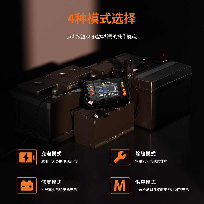 WAVLINK 350W智能充电器，最高25A涓流充电，带LCD显示屏，适用于6V/12V/24V铅酸电池/锂电池/磷酸铁锂电池，汽车、船艇、摩托车专用电池维护器与除硫器 3