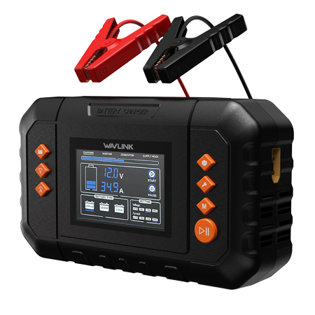 WAVLINK 450W智能充电器，最高35A涓流充电，带LCD显示屏，适用于6V/12V/24V铅酸电池/锂电池/磷酸铁锂电池，汽车、船艇、摩托车专用电池维护器与除硫器