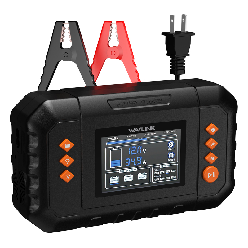 WAVLINK 450W智能充电器，最高35A涓流充电，带LCD显示屏，适用于6V/12V/24V铅酸电池/锂电池/磷酸铁锂电池，汽车、船艇、摩托车专用电池维护器与除硫器