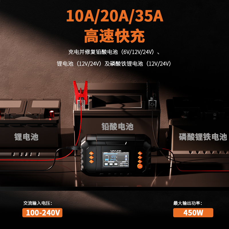 WAVLINK 450W智能充电器，最高35A涓流充电，带LCD显示屏，适用于6V/12V/24V铅酸电池/锂电池/磷酸铁锂电池，汽车、船艇、摩托车专用电池维护器与除硫器 2