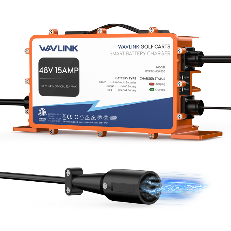 GS950C 48V/15A高尔夫球车智能充电器，810W输出，IP67防水，多电池兼容，PWM智能充电