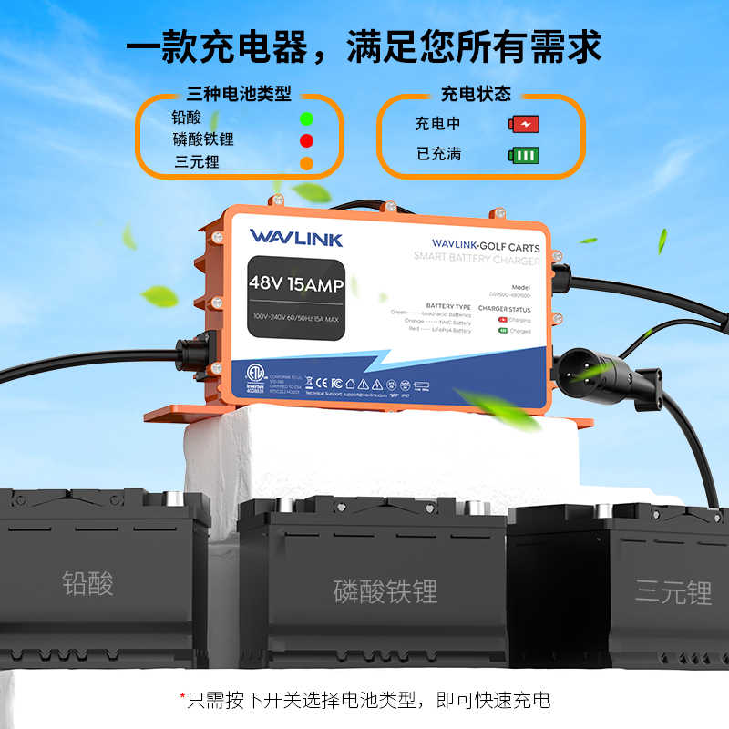 GS950C 48V/15A高尔夫球车智能充电器，810W输出，IP67防水，多电池兼容，PWM智能充电 3