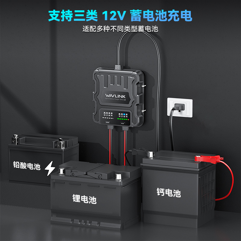 睿因两路船用电池充电器，IP68级防水船载充电器，多阶段充电，适用于铅酸电池、锂电池和钙电池。 3