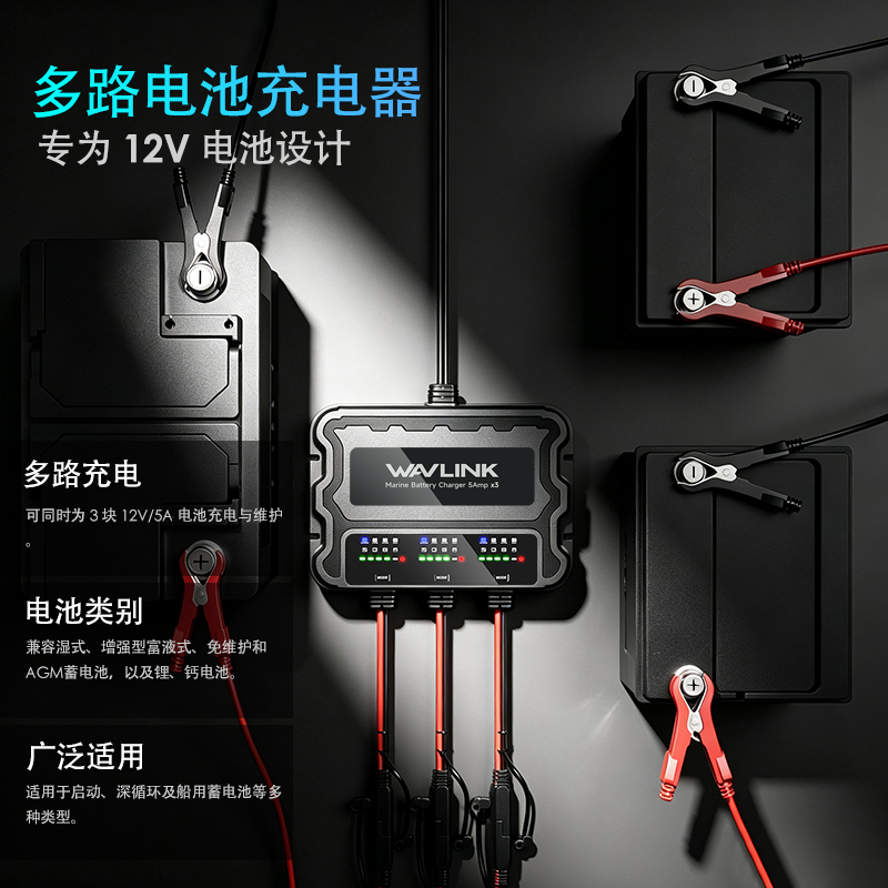 睿因三路船用电池充电器，IP68级防水船载充电器，多阶段充电，适用于铅酸电池、锂电池和钙电池。