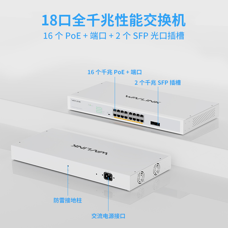 睿因18端口千兆以太网交换机，配备16个PoE端口，总PoE+功率250W，支持IEEE 802.3at/af标准&mdash;&mdash;即插即用，支持机架安装以及桌面放置 2