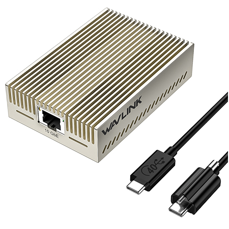 WL-NWU342G-silver：睿因10G以太网适配器，雷电3/4/5和USB4接口，支持10G/5G/2.5G/1G/100M/10M自适应速率，精致铝合金设计，附带40Gbps USB-C数据线，适用于Mac/Windows/Linux/ChromeOS