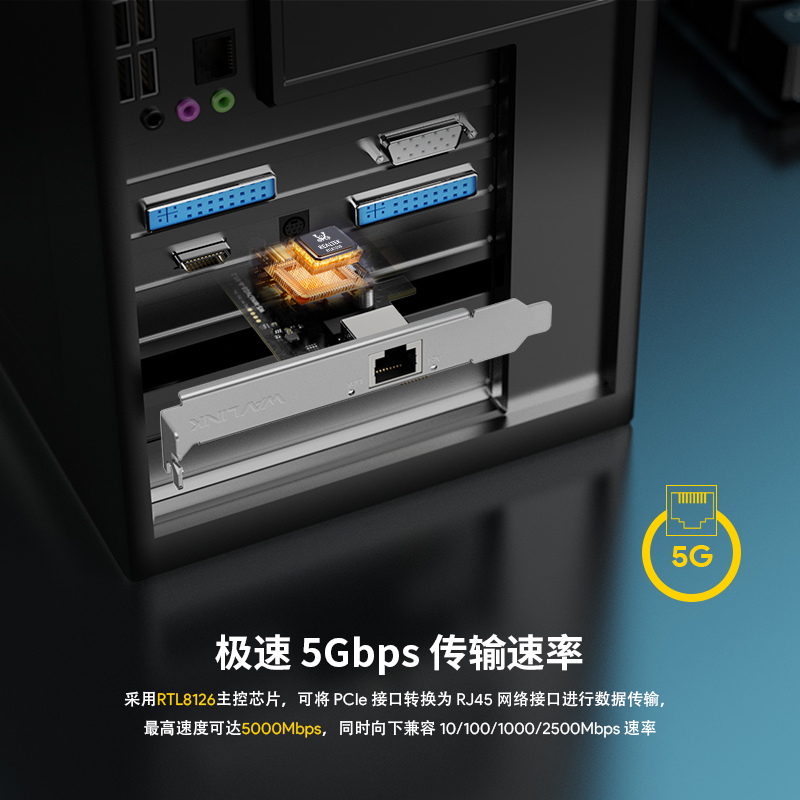 睿因 PCIe 网卡，5Gbps 高速传输，兼容 2.5G/1G/100Mbps，支持网络唤醒（WOL）与 PXE启动，配备全高 / 半高双档片，兼容标准机箱与迷你塔式主机，兼容 Windows 10/11