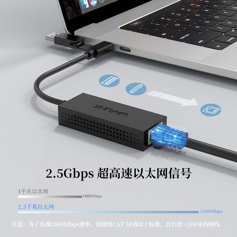 睿因 USB3.2 5Gbps 网卡 , USB-A/USB-C 二合一网卡, 兼容 USB C/Thunderbolt 3 或 USB 3.2 笔记本 3