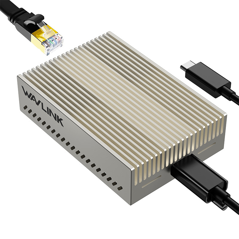 WL-NWU343G-silver：睿因USB-C万兆网卡(USB 3.2 Gen 2x2)，支持10G/5G/2.5G/1G/100M/10M自适应速率，精致铝合金设计，附带20Gbps USB-C数据线，游戏、流媒体传输及办公的理想之选
