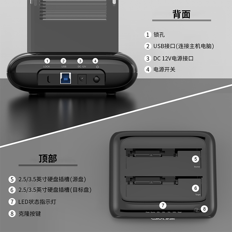 双盘位外置硬盘底座，USB 3.0转SATA I/II/III，适用于2.5或3.5英寸HDD/SSD，支持离线克隆 2