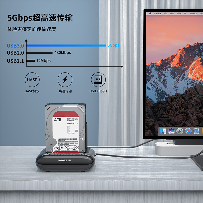 双盘位外置硬盘底座，USB 3.0转SATA I/II/III，适用于2.5或3.5英寸HDD/SSD，支持离线克隆 4