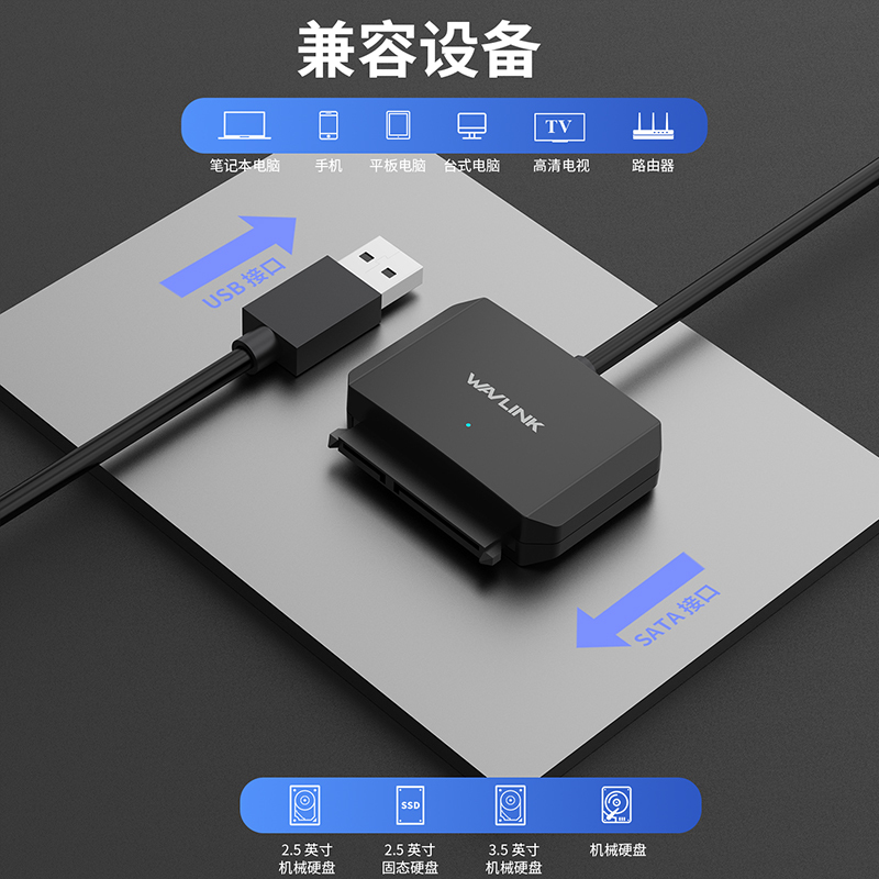 睿因USB-A 转 SATA III 转换器&mdash;&mdash;6Gbps 高速数据传输，即插即用无需驱动，稳定可靠，兼容 2.5 英寸和 3.5 英寸硬盘