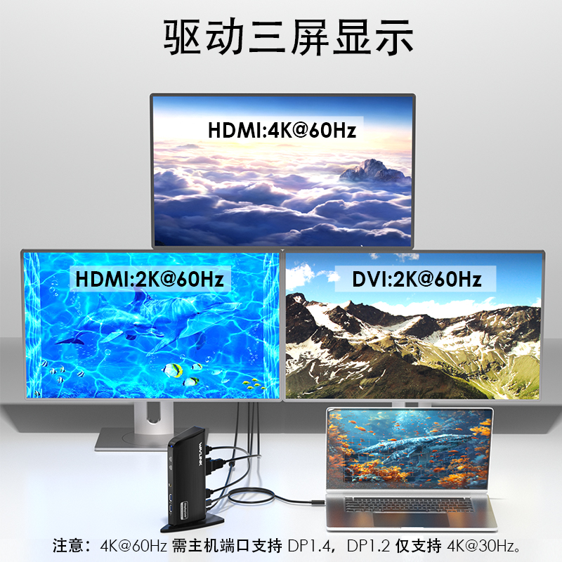WAVLINK 13合1 USB-C笔记本扩展坞，三屏显示（4K HDMI + 2K HDMI/DVI），6个5Gbps USB接口，千兆以太网，兼容Mac与Windows 3