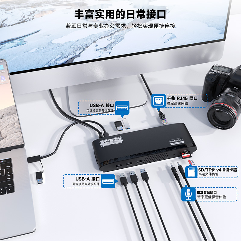 睿因DisplayLink通用扩展坞，适配Mac M1-M4/Windows，13合一接口，三屏同显双2K+4K 4