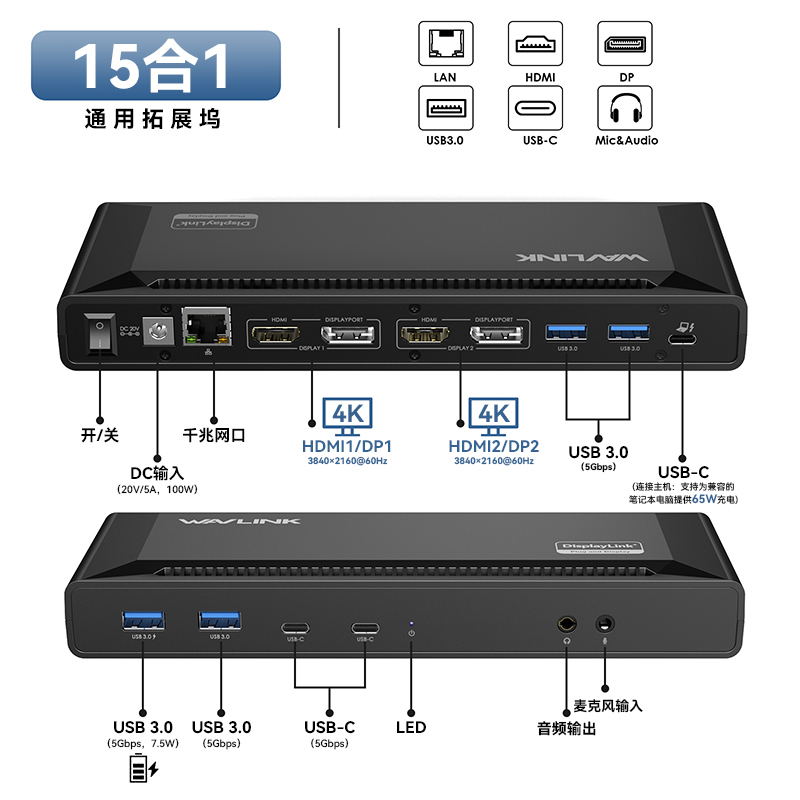 WL-UG63PD2： 睿因单4K多合一扩展坞（15合1），USB-A/USB-C通用笔记本扩展坞，支持双显示器（2个HDMI/DisplayPort接口），65W PD快充，6个USB 3.0接口，适用于Mac（Intel/M1/M2/M3/M4/M5）、联想、戴尔、惠普、华硕等笔记本电脑 2