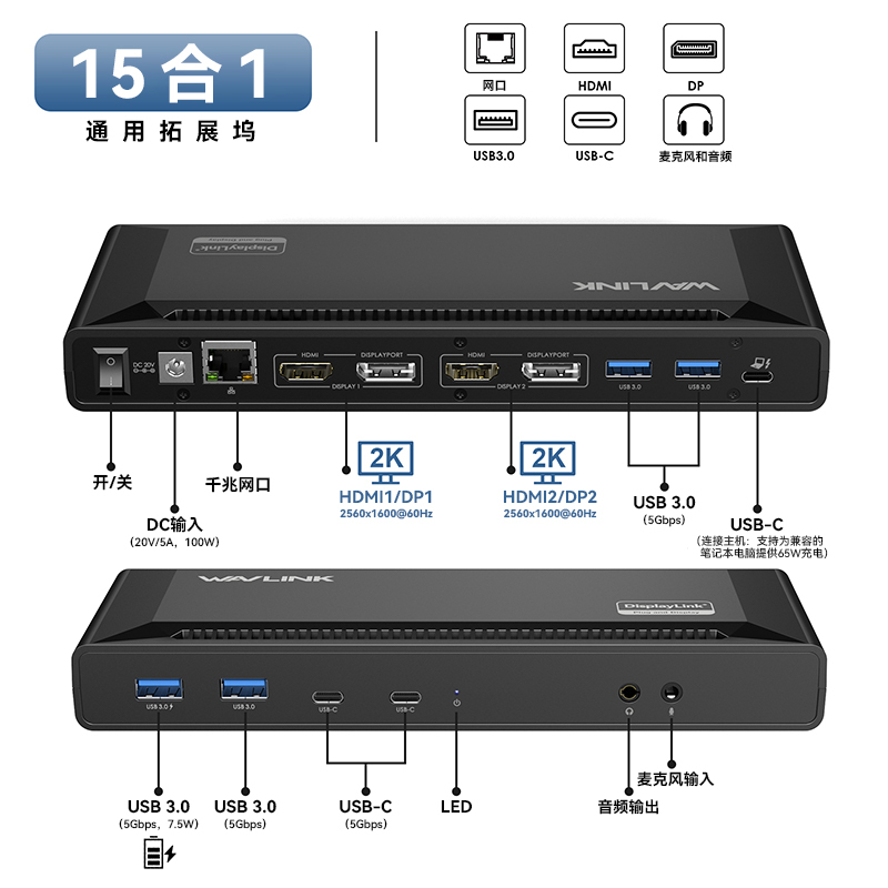 睿因双2K多合一扩展坞（15合1），USB-A/USB-C通用笔记本扩展坞，支持双显示器（2个HDMI/DisplayPort接口），65W PD快充，6个USB 3.0接口，适用于Mac（Intel/M1/M2/M3/M4/M5）、联想、戴尔、惠普、华硕等笔记本电脑 2