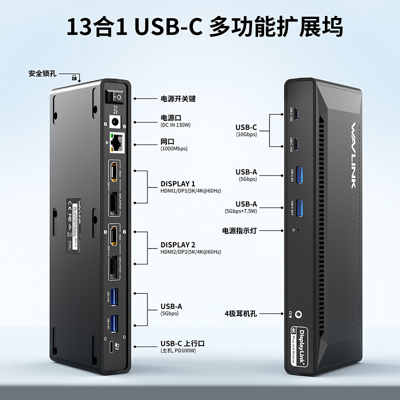 USB-C 双5K DisplayLink 通用扩展坞，十三合一接口，配备100W充电，适配 Windows/Mac 2