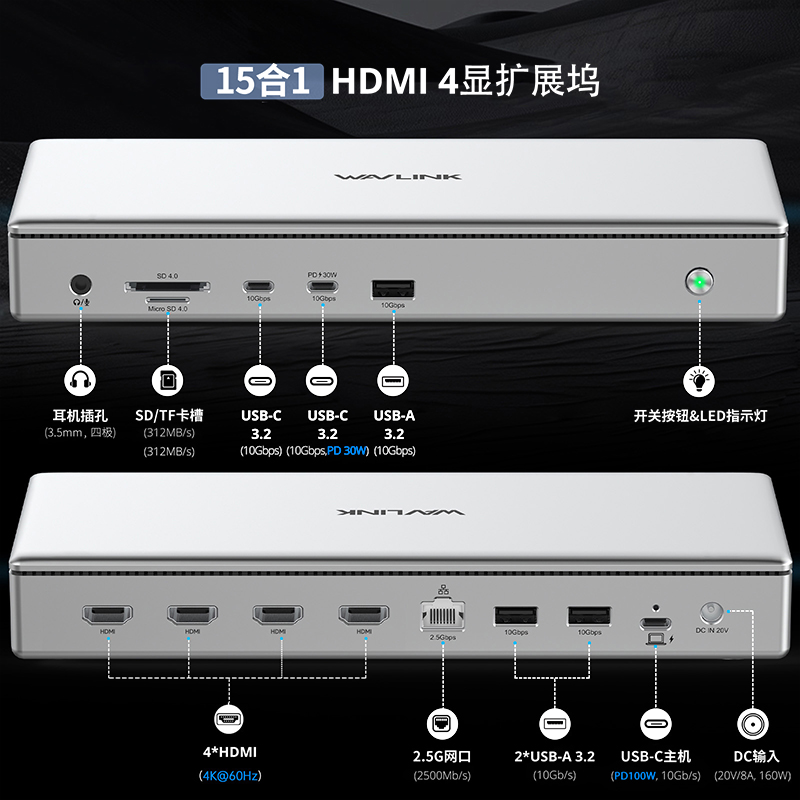 通用10G四显4K扩展坞，支持PD100W上行充电 2