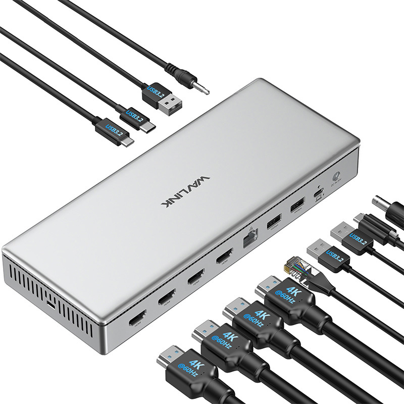 睿因DisplayLink认证USB-C扩展坞，4路HDMI2.0输出，四屏4K@60Hz，适配M1-M5苹果Mac及Windows系统；13合1笔记本拓展基座，支持100W主机供电、1G/2.5G/5G网口可选、USB3.2-A/C接口，额外配备USB-C 30W PD快充口