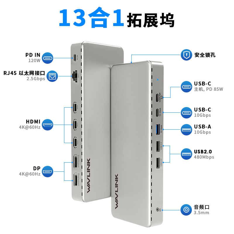 WAVLINK三显4K USB-C扩展坞 - 配备3个HDMI、2个DP接口，支持85W PD充电，2.5G以太网 2