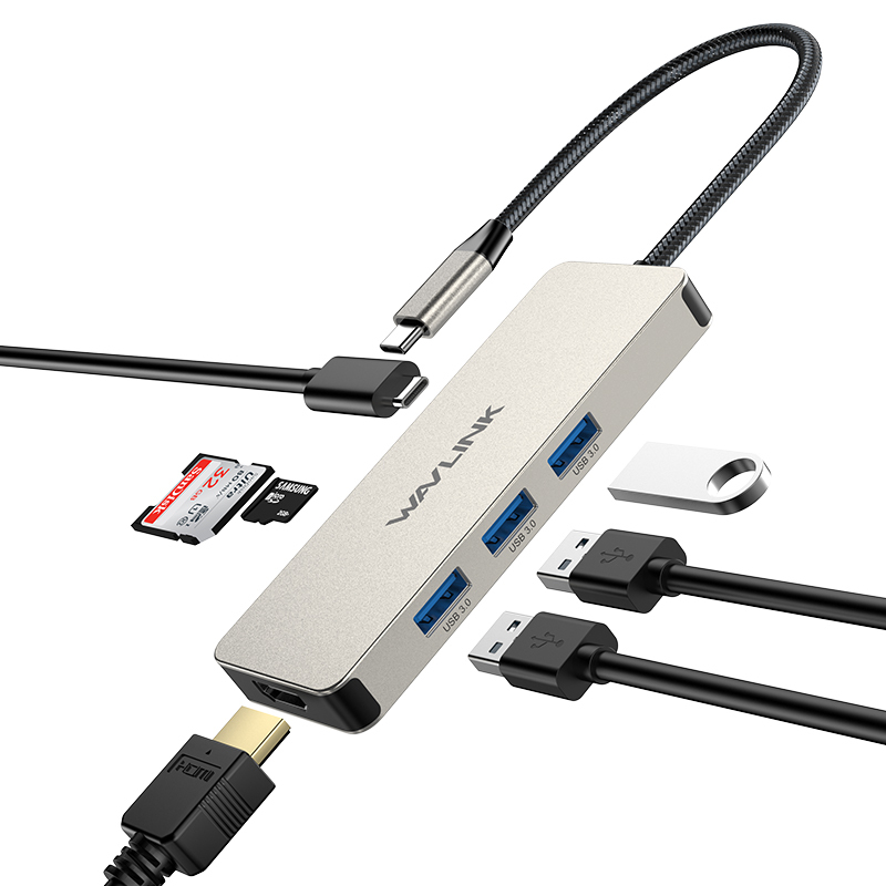 7合1 USB-C多功能适配器：支持4K HDMI、100W PD快充、3xUSB 3.1(5Gbps)及SD/TF卡读取，适用于MacBook Pro/Air, iPad Pro, Surface, XPS及雷电3/4笔记本