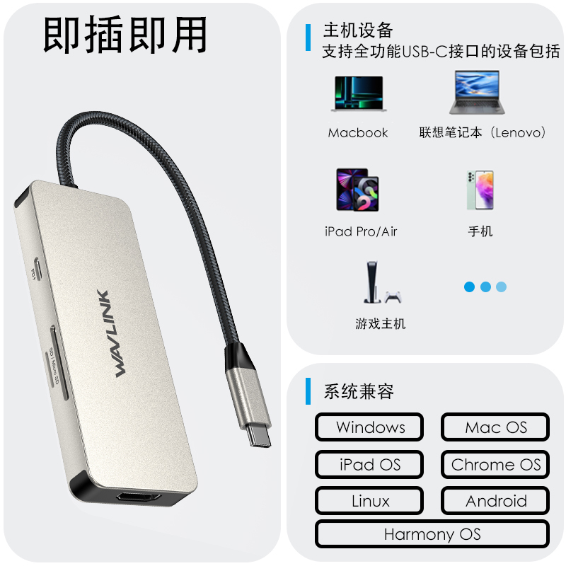 7合1 USB-C多功能适配器：支持4K HDMI、100W PD快充、3xUSB 3.1(5Gbps)及SD/TF卡读取，适用于MacBook Pro/Air, iPad Pro, Surface, XPS及雷电3/4笔记本 5