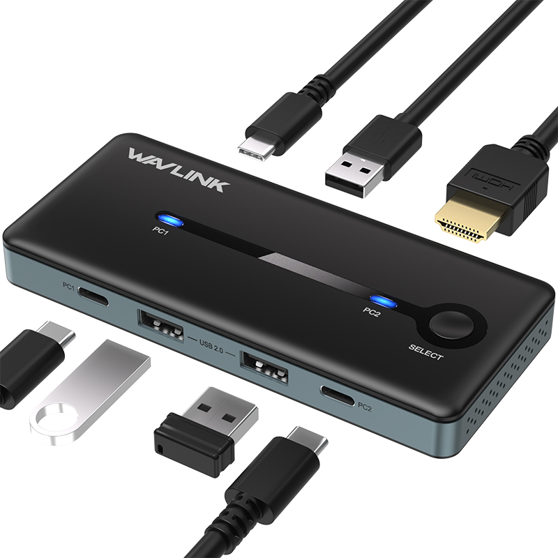 USB-C 8K HDMI KVM切换器可接入一个显示屏两个电脑，8K@60Hz/4K@144Hz KVM切换器支持两个电脑共享显示器、键盘、鼠标和打印机，支持EDID自适应，配备3个USB 2.0，兼容Windows/Mac