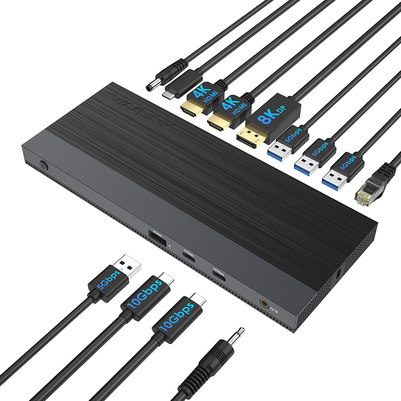 睿因13合1 USB-C三屏扩展，支持100W笔记本充电，DP支持4K@144Hz/8K@30Hz，双HDMI支持双4K@60Hz，含USB 3.0、千兆网口、音频接口，兼容Windows & Mac