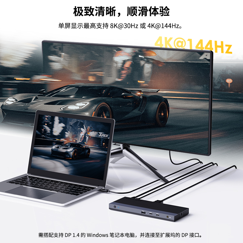 睿因13合1 USB-C三屏扩展，支持100W笔记本充电，DP支持4K@144Hz/8K@30Hz，双HDMI支持双4K@60Hz，含USB 3.0、千兆网口、音频接口，兼容Windows & Mac 3