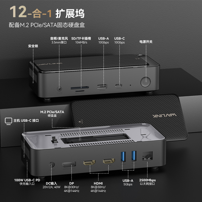 睿因12合1 USB-C 8K扩展坞：支持100W PD快充，配备10Gbps接口、M.2 NVMe硬盘盒及2.5G网口，兼容Windows/Mac 2