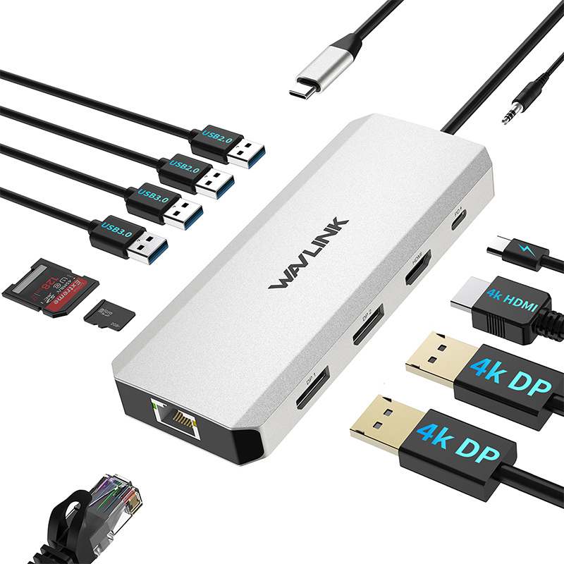 USB-C三屏扩展坞 | 4K DP *2, 4K HDMI，100W供电输入，5Gbps USB 3.0，千兆网口，SD/TF读卡槽，音频接口