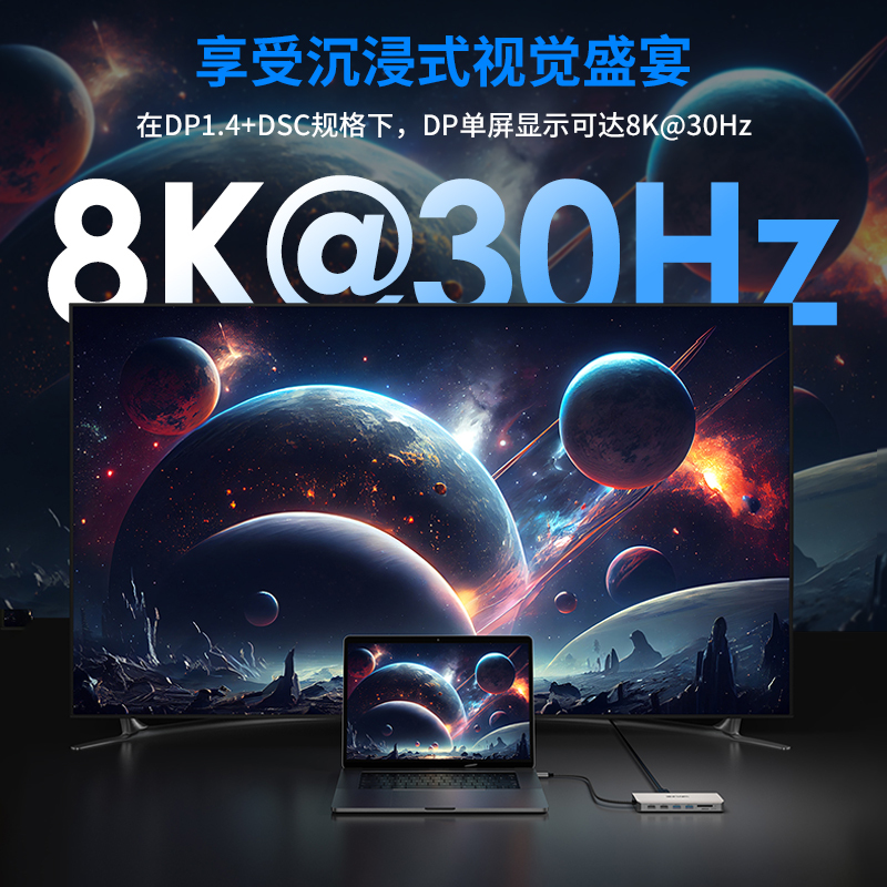 USB-C三屏扩展坞 | 8K DP *2, 4K HDMI，100W供电输入，5Gbps USB 3.0，千兆网口，SD/TF读卡槽，音频接口 3