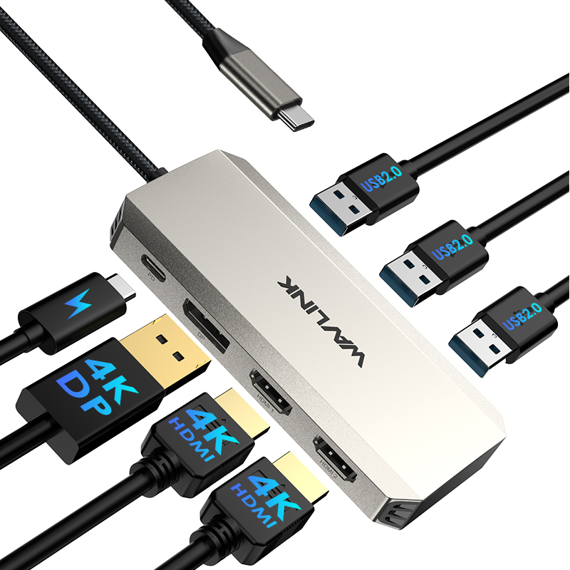 WAVLINK USB-C三显4K扩展坞 - 配备2个HDMI、1个DP接口，支持95W PD充电