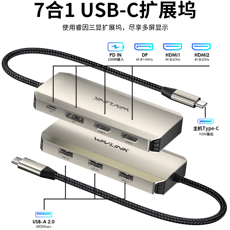 WAVLINK USB-C三显4K扩展坞 - 配备2个HDMI、1个DP接口，支持95W PD充电 2