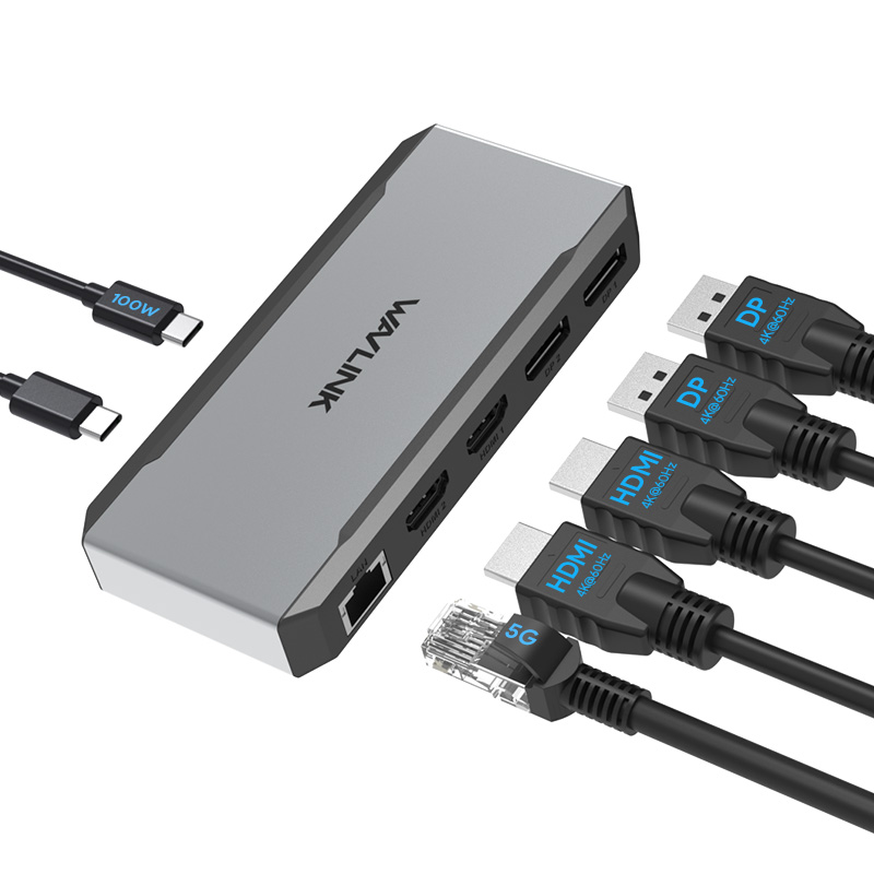 睿因5Gbps USB-C四屏输出4K@60Hz六合一扩展坞，支持90W电源传输