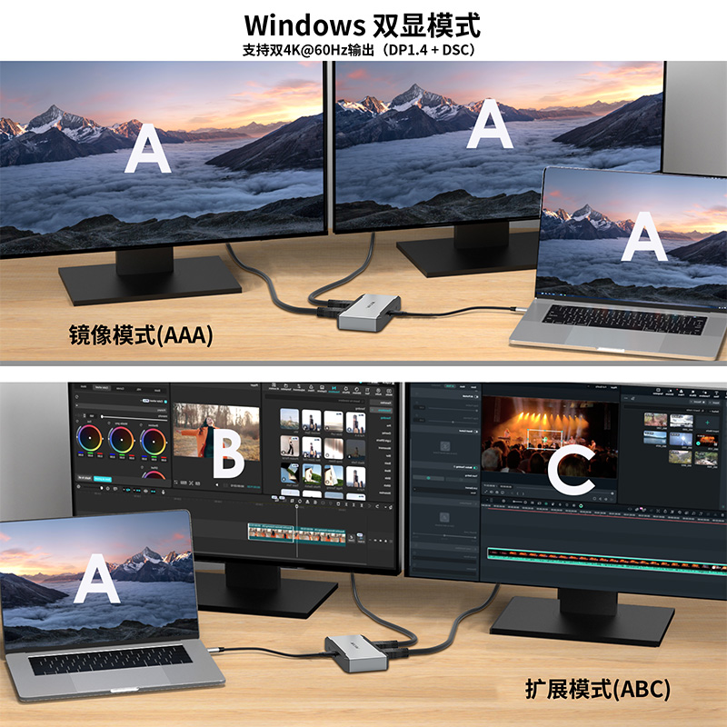 睿因5Gbps USB-C四屏输出4K@60Hz六合一扩展坞，支持90W电源传输 4