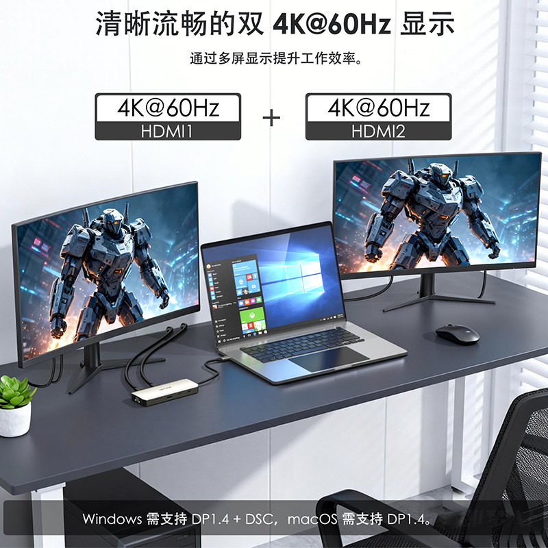 WAVLINK 双4K USB-C 扩展坞，支持85W笔记本供电，千兆以太网，兼容 Windows 与 Mac 3