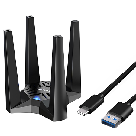 睿因USB 3.0 WiFi 6E三频AX5400无线网卡（2.4G/5G/6G，573+2402+2402Mbps），带内置驱动、WPA3、MU-MIMO、OFDMA、4根3dBi天线、磁吸底座及1米线缆-仅适用于Windows 11/10