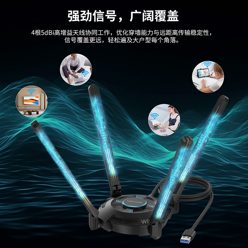 睿因WiFi 7 BE6500三频USB 3.0无线网卡（2.4G/5G/6G，688+2882+2882Mbps），内置驱动，支持WPA3、MLO和Multi-RU，配备5dBi高增益天线-仅适用于Windows 11/10 4
